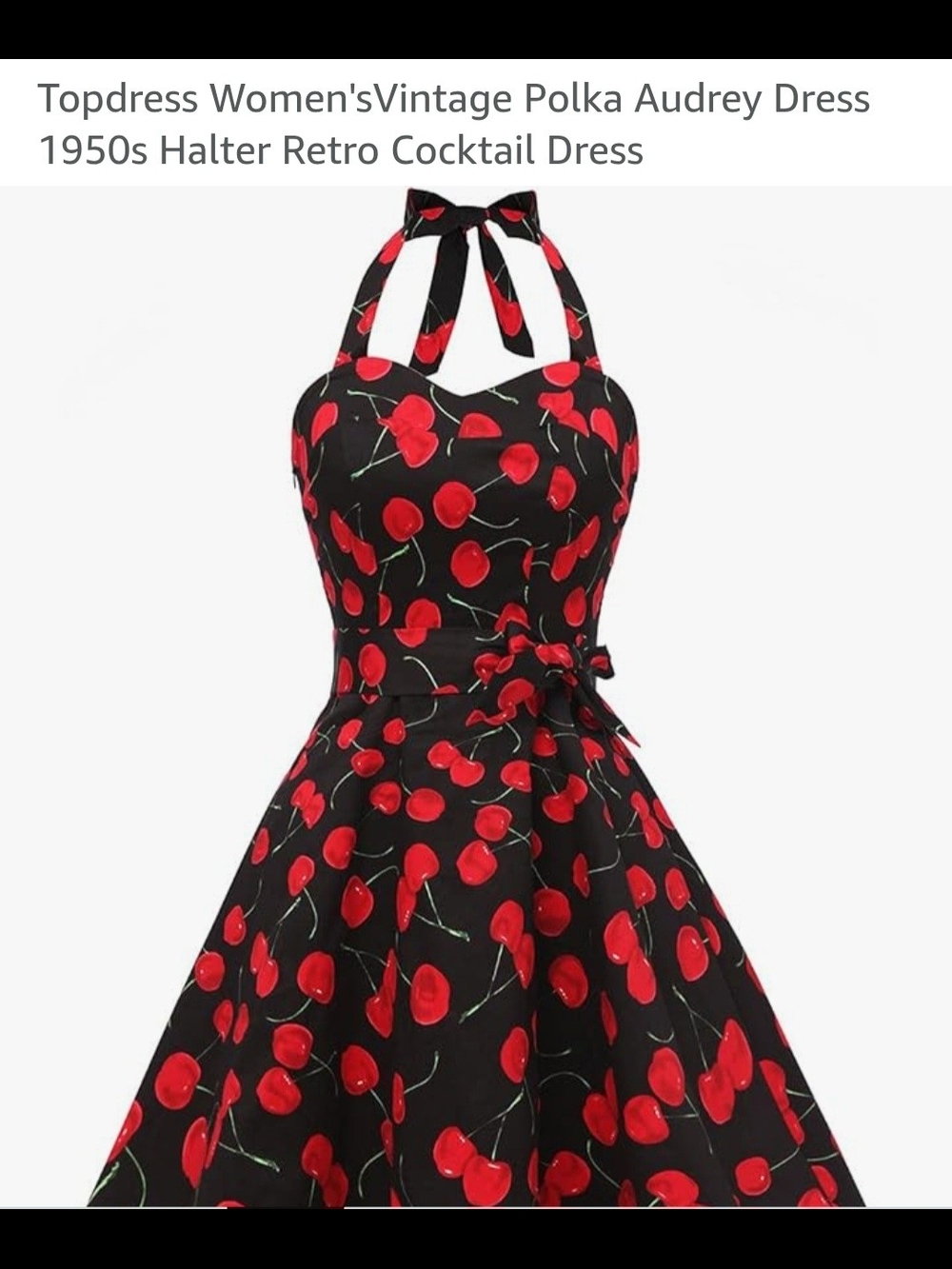 Source Unknown Black Halter Midi Dress with Red Cherry Print